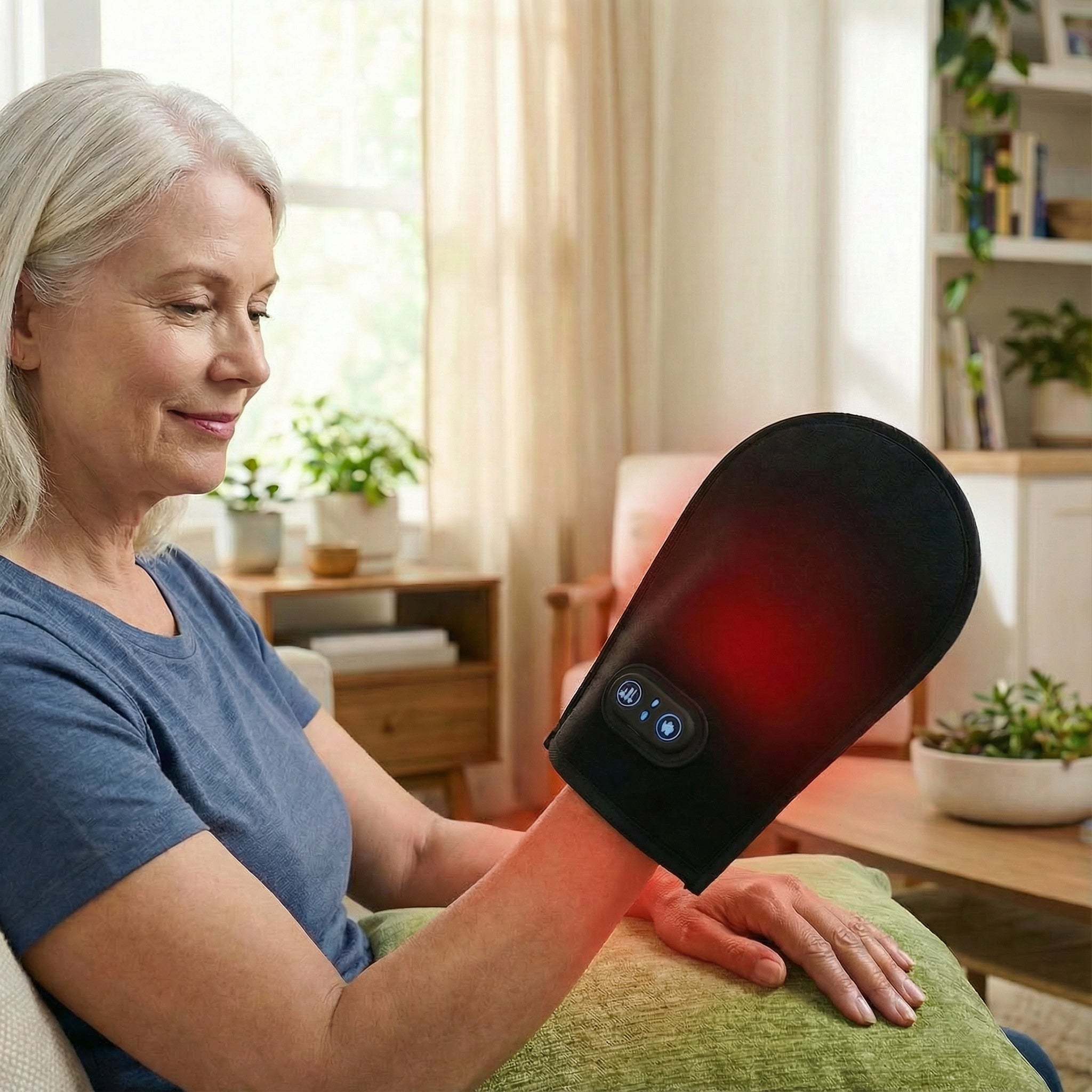 Woman using a NEO LUMINUS red light therapy glove in her living room