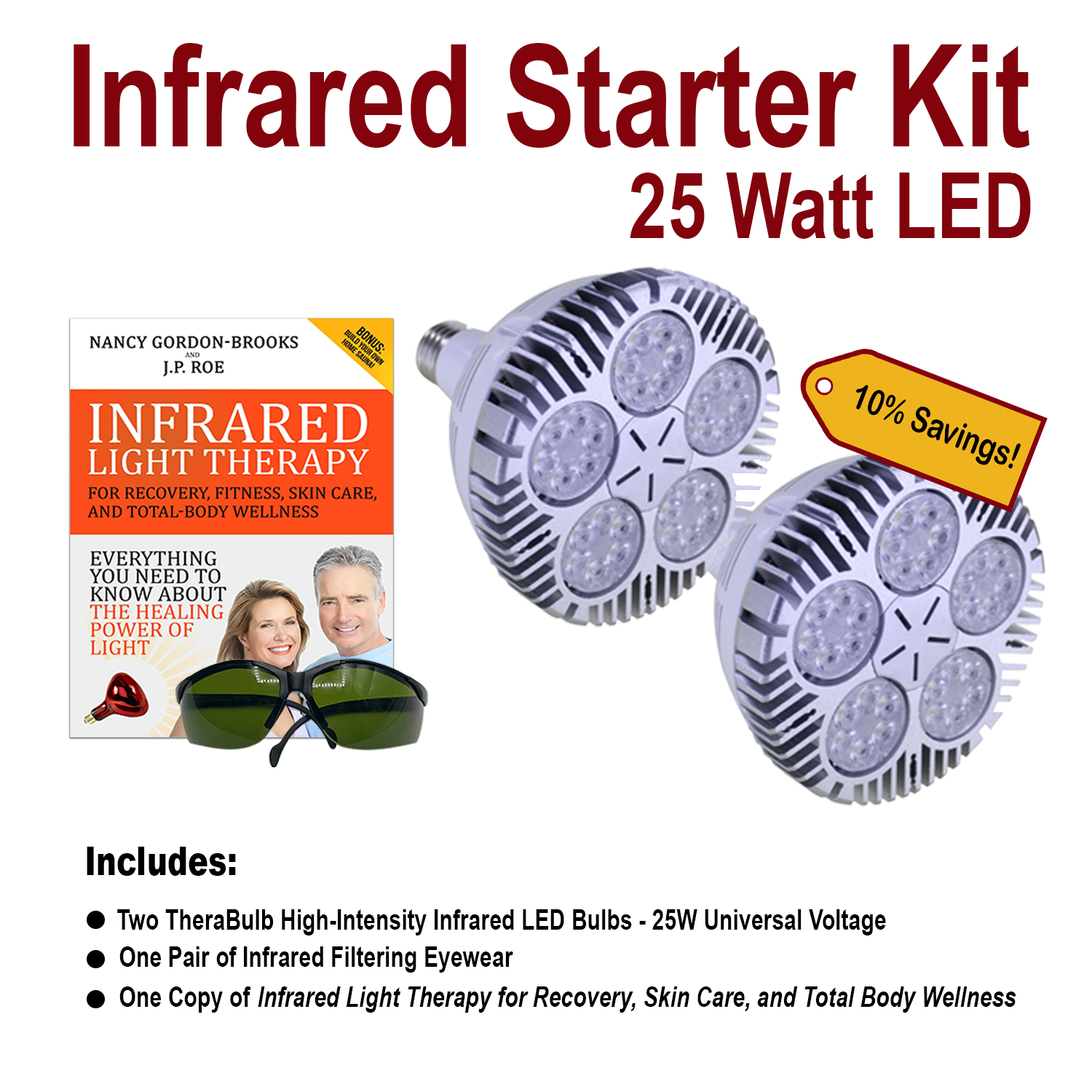 NEO LUMINUS Infrared Light Therapy Starter Kit with LED bulbs, therapy book, and protective glasses